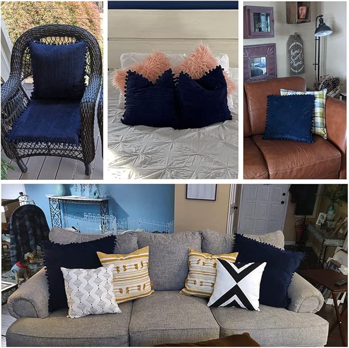 Fancy Homi Pack of 2 Corduroy Soft Decorative Throw Pillow Covers with Pom-poms, Solid Square Cushion Case Pillow Cases Set for Couch Sofa Bedroom Car Living Room (16x16 Inch/40x40 cm, Navy Blue)