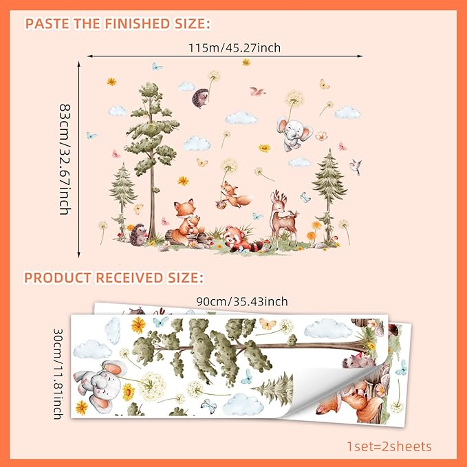 Woodland Animals Wall Decals-Pine Tree Forest Wall Stickers with Deer, Fox, Elephant, Removable Nursery Wall Art for Kids Bedroom, Playroom,Living Room