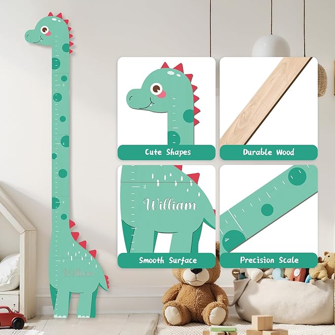 Wooden Dinosaur Height Chart – Personalized Name Growth Chart for Kids, Wall Decor 63" x 17.4"