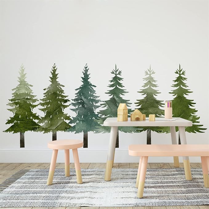 Watercolor Pine Tree Wall Stickers Large Tree Wall Decals Peel and Stick Green Trees Decals Christmas Trees Sticker Woodland Forest Trees Sticker for Nursery Bedroom Kids Room Decor