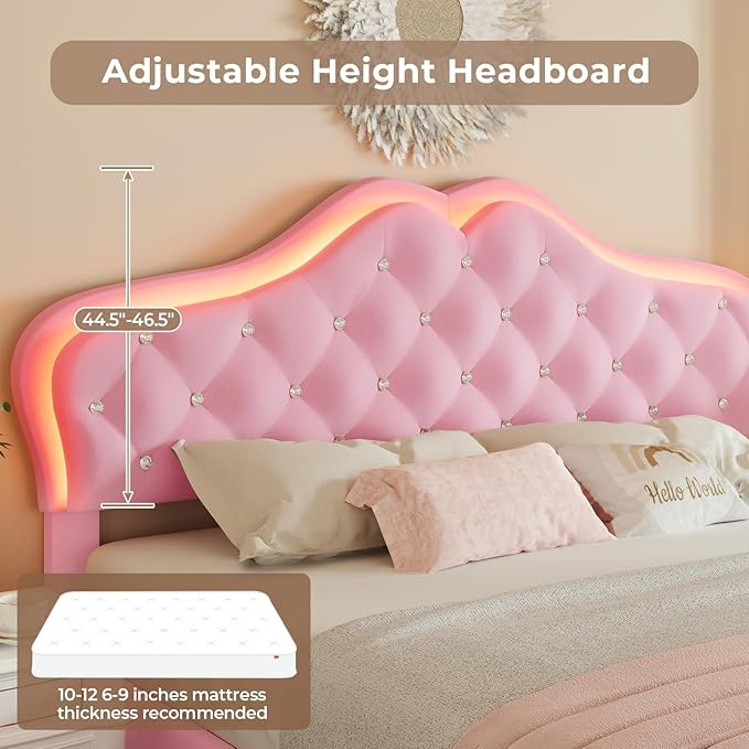 BTHFST Queen Size Upholstered Bed Frame with LED Lights, Princess Platform Bed for Girls, Adjustable Headboard with Crystal Button, Solid Wood Slats Support, No Box Spring Needed, Pink