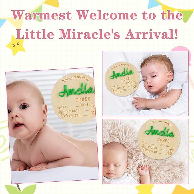 Personalized Baby Announcement Sign Custom Birth Newborn Announcement Sign for Hospital Wooden Baby Name & Footprint Sign Photo Prop Shower Gift (Circle)