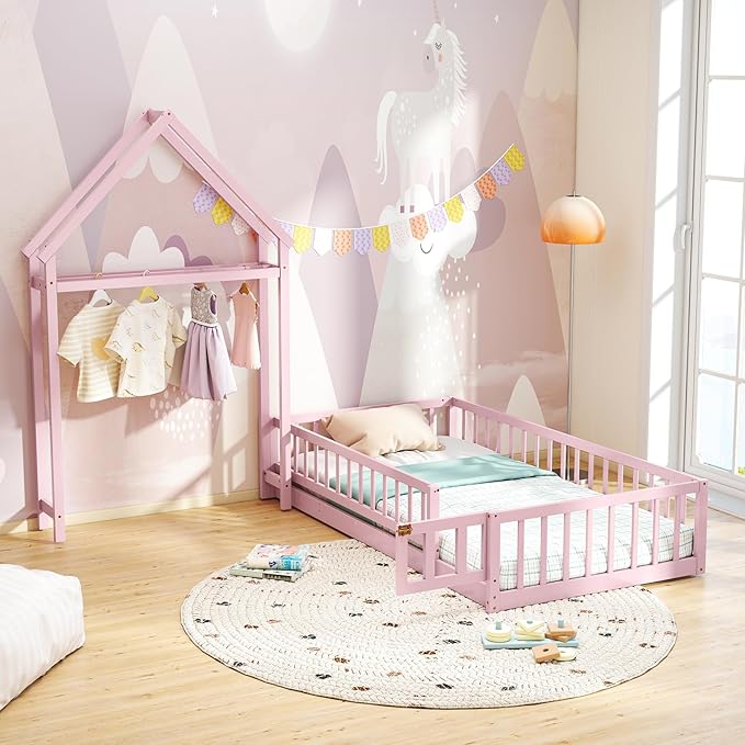 MAT EXPERT Twin Floor Bed with House-Shaped Headboard, Montessori Kids Bed with Detachable Clothes Hanger, Full Length Safety Guardrails, Solid Wood Twin Bed Frames for Kids (Pink)