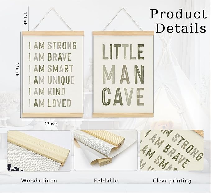 ULEGIE Boy Nursery Decor Posters Framed with Wood Hanger, Little Man Cave Sign for Boys Kids, Boys Room Decor, Toddler Room Decor, Positive Affirmations for Kids Decor, Art Prints for Nursery Playroom Bedroom, 2 Pack 12 x 16 Inches