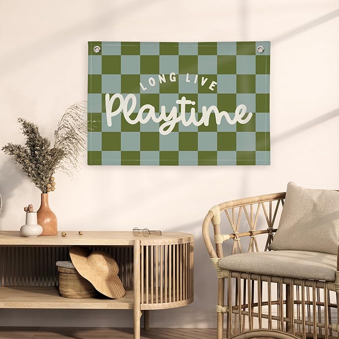 Playroom Decor Long Live Playtime Banner, Green And Blue Checkered Pattern Banner Linen Hanging Banner Flag for Nursery Toddler Room, Boys Girls Kids Room Decor,Classroom Decorations 30x20