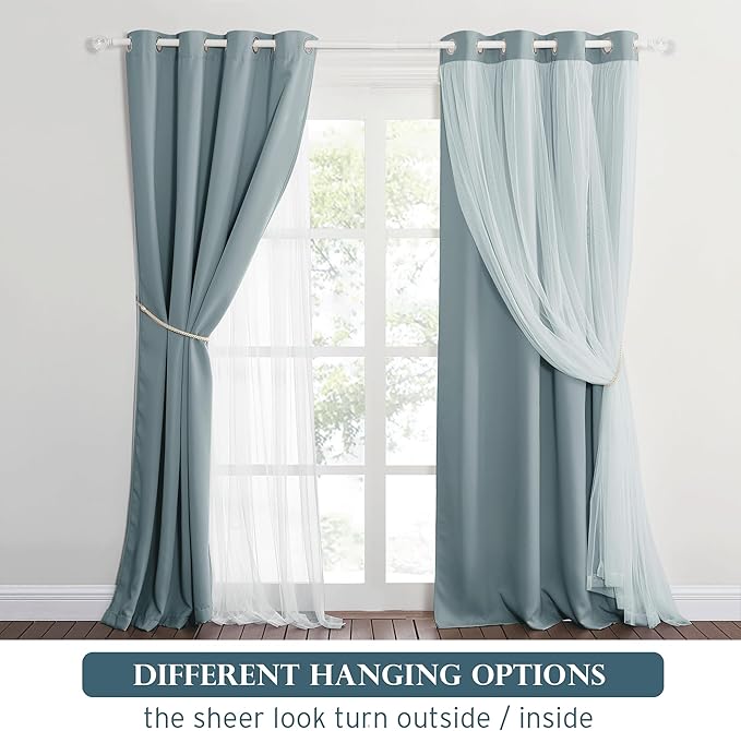 PONY DANCE Blackout Curtains Double Layer Curtains 84 Inches Long with White Sheer Elegance Grommet Window Panels for Girls Kids Room Darkening with Extra Tie-Backs (52x84, Shadow Blue, 2 PCs)