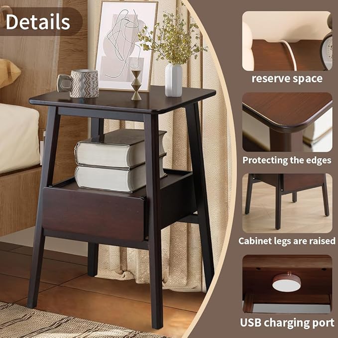 Night Stand with Drawer, Mid Century Modern Nightstand, Bedside Tables with Open Storage Shelf,Large Storage End Table, Bamboo Night Stands for Bedrooms