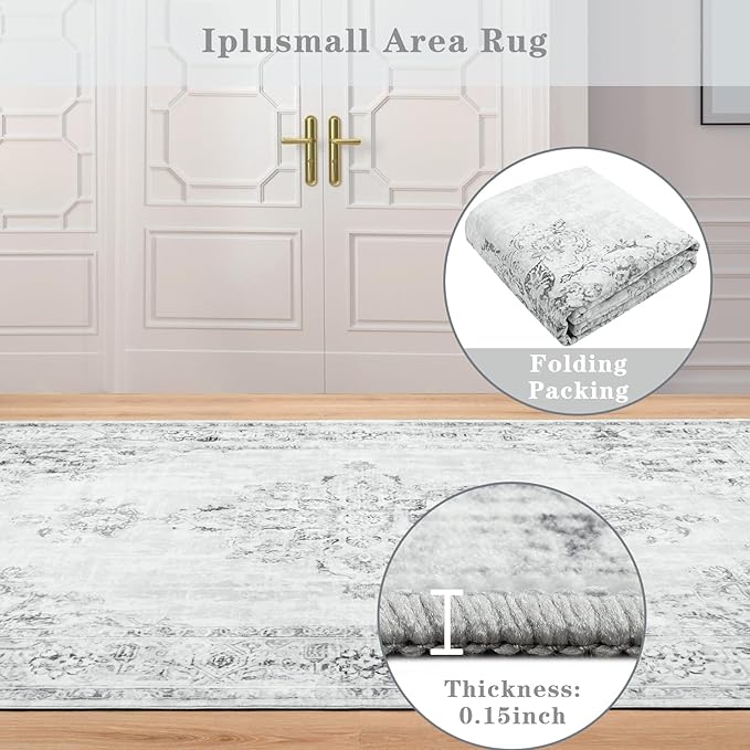 Area Rug 2x3, Washable Rug for Entryway Indoor, Small Area Rug for Living Room Entrance, Vintage Rug for Bedroom Doormat, Non Slip Soft Low Pile Carpet for Kitchen, Hallway, Office, Light Grey
