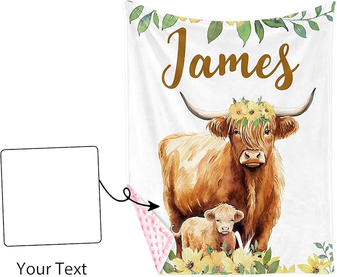 Personalized Baby Blankets for Girls, Custom Name Yellow Flower Highland Cow Theme Baby Blanket, Soft Receiving Blanket for Newborns and Toddlers, Ideal for Baby Showers and Nursery Decor