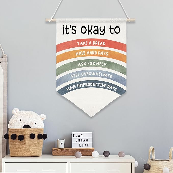 It's Okay To Wall Hanging Banner,Mental Health Rainbow Canvas Poster for Kids Teens Classroom Decor, Self-Care Quote for Therapy Office, Counselor Room, Bedroom or Nursery, 11x16 Inch(KD32)