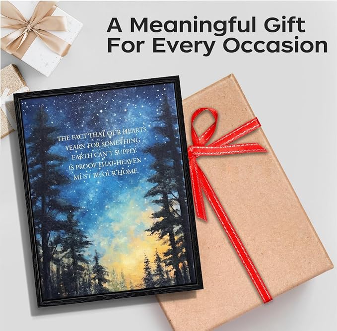 Christian quote wall art, heaven our home message, starry night forest wall decor, matte finish framed canvas print, christian poster artwork, for living room prayer room gift, 12x15 inch