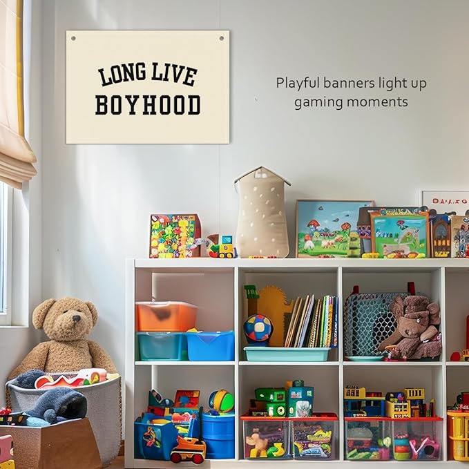 Long Live Boyhood Boys Room Decor - Linen Nursery Banner for Toddler Room Decoration, Farmhouse Kids Wall Hanging, Canvas Banner Flag for Baby Shower, Birthday Gift - A15