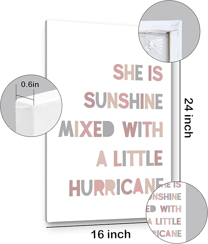 PHAMTE Girls Bedroom Wall Decor,She is Sunshine Mixed with a Little Hurricane Girls Room Wall Art,Sunshine Print Framed Canvas Painting Artwork for Room Bedroom Home Nursery Playroom(16x24 Inch)