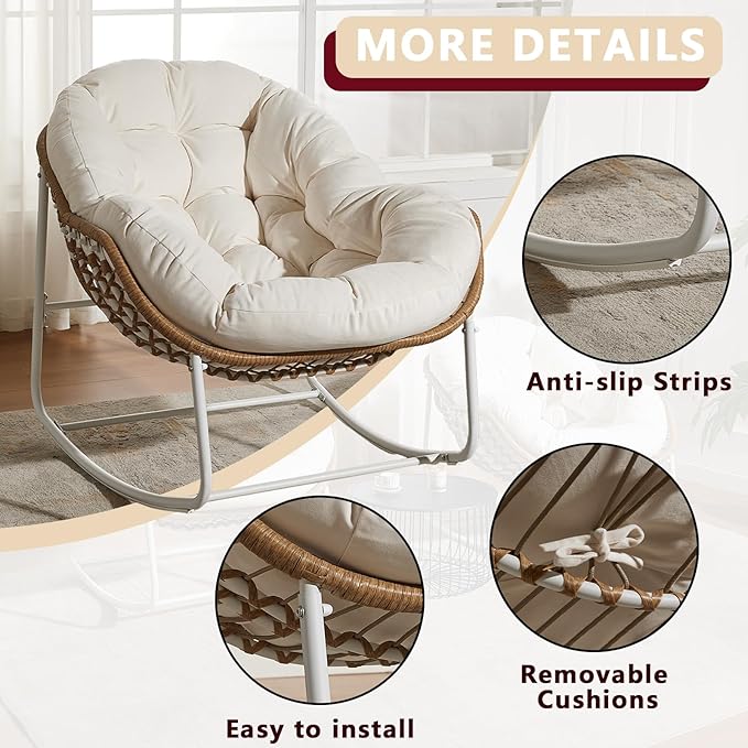 Oversized Outdoor Papasan Rocking Chair Set of 2 with Soft Cushion, Comfy Patio Egg Chair, Wicker Lounge Rocker for Balcony/Porch/Garden, Reinforced All Weather Rattan Frame, Cream