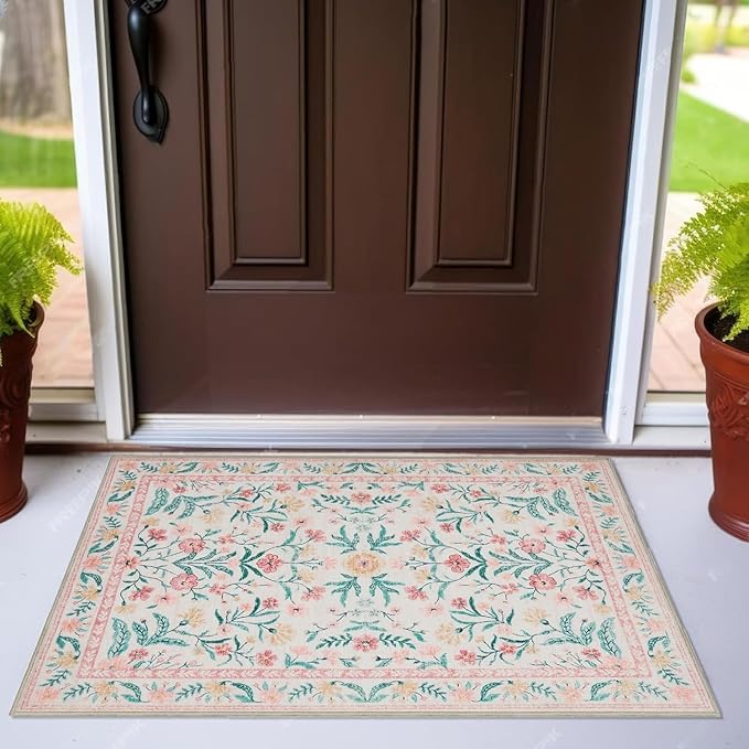 Pink Entryway Rug 2x3, Floral Distress Print Carpet, Low Piles Indoor Rugs, Washable Door Mat, Living Room Entrance Traditional Distressed Retro Accent Throw Rug, Non Slip Perfect for Office Bathroom