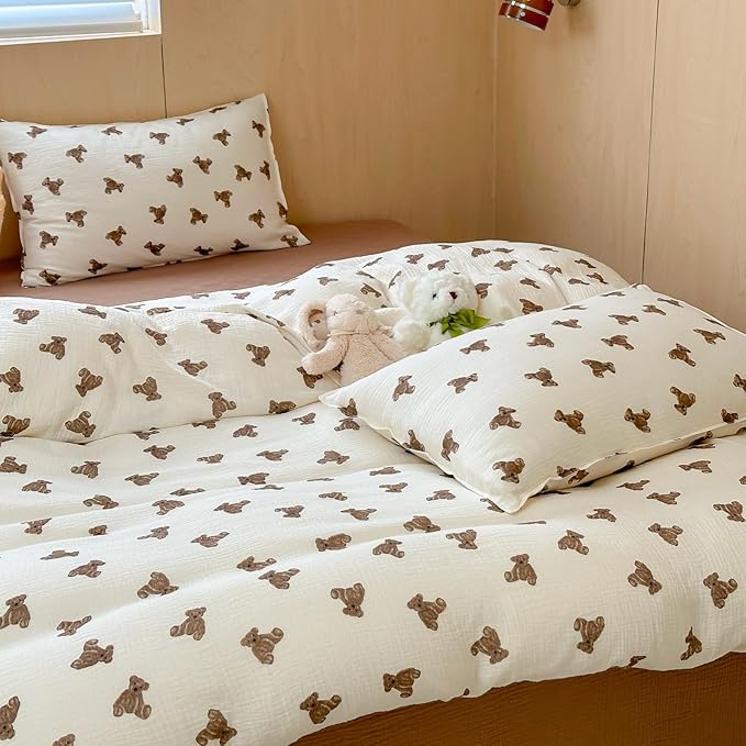 AOJIM 2-Layer Muslin Kids Adults Duvet Cover 1 Piece, Super Soft Cotton Bedding Duvet Cover with Cute Brown Bears Pattern for Girls and Boys, Breathable Durable Comforter Cover 79X90'', Room Decor
