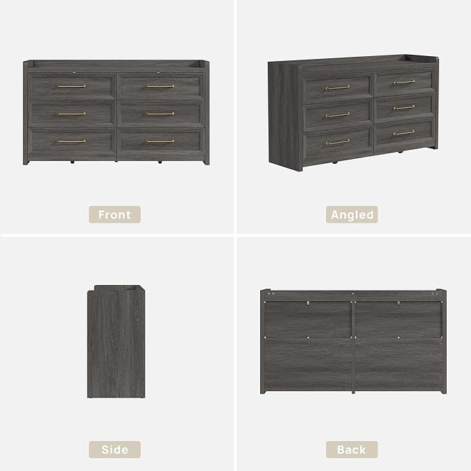 SICOTAS 6 Drawer Dresser for Bedroom-112.8" Extra-Wide Wooden Chest of Drawers with Large Storage, Long Dresser TV Stand with Drawers, Modern Closet Dressers for Nursery, Dark Grey Oak, 2PCS