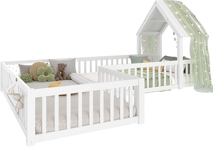 Harper & Bright Designs Twin Size House Shaped Double Floor Bed with Door and Full-Length Guardrails, Solid Wood Kids Montessori Floor Bed for Girls Boys, Multi-Function, White