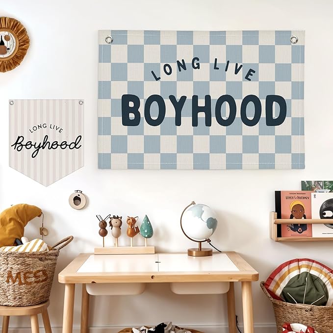 Lacama Blue Long Live Boyhood Boys Room Decor, Boy Nursery Decor, Linen Banner Wall Hanging Canvas Banner Flag Decor for Toddler Boy Room Nursery 30x20 In