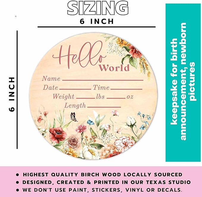 Hello World Wood Newborn Baby Birth Announcement Sign - 6 Inch Round - Butterfly Boho Floral - Shower Gift - Nursery Decor