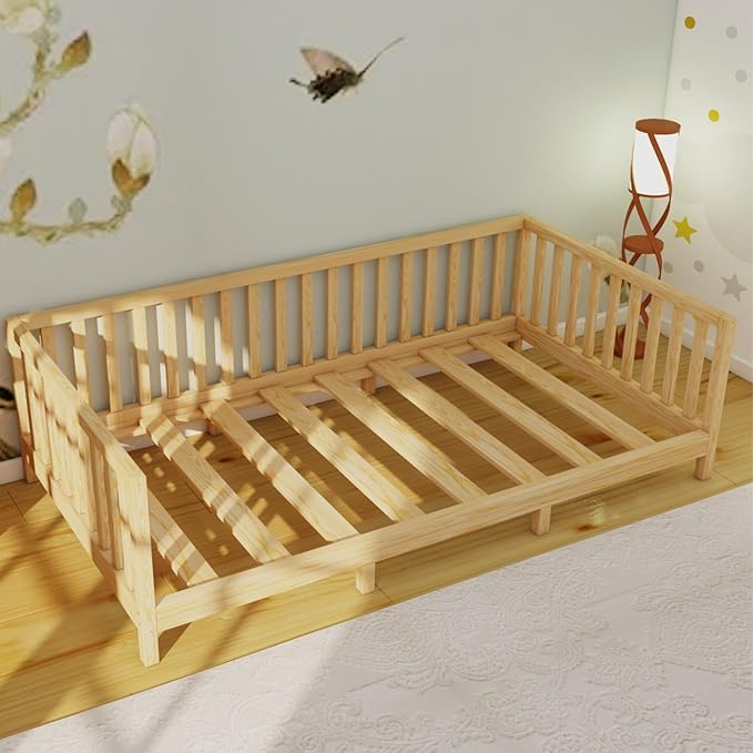 Montessori Floor Bed Designed with Open Front and Footed Model for Girls and Boys | Pine Wood Natural Solid Frame Beds with Slats | Sturdy Designed Floor Bed Frame for Kids (Full, Height : 23 Inches)