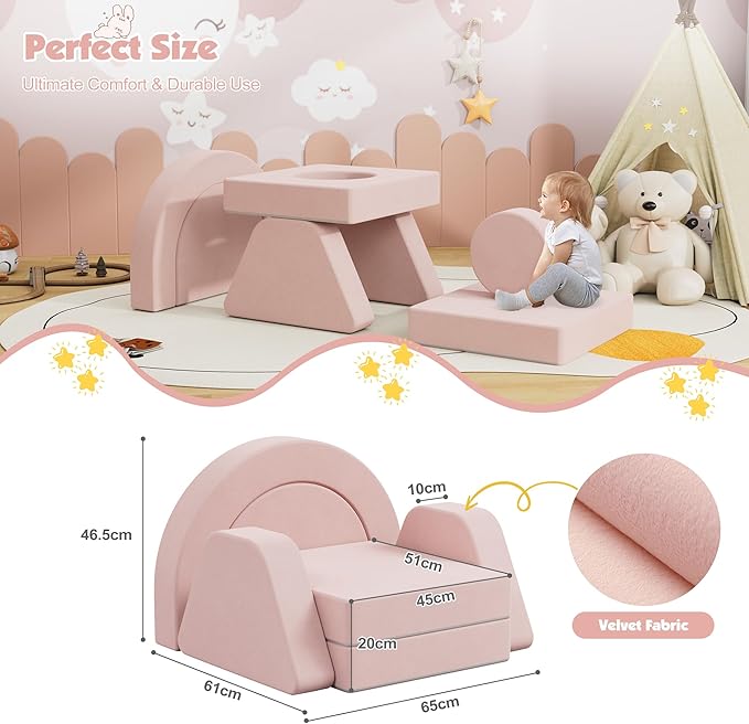 7 PCS Modular Kids Play Block Couch Child Sectional Sofa Toddler Building Fortplay Bedroom Playroom Baby Convertible Floor Foam Cushion for Boys & Girls (Pink-Single)