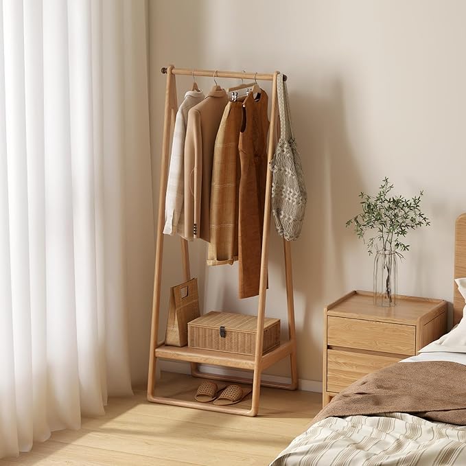 Solid Oak Wood Clothes Rack, Garment Rack with Shelves, Wooden Clothing Rack for Bedroom, Living Room, Entryway, 19" x 24" x 59", Natural