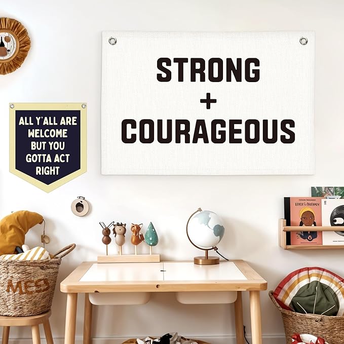 Lacama Positive Affirmations Wall Decor, Playroom Decor, Be Strong Courageous Linen Banner Wall Hanging Banner Flag Decor for Nursery Toddler Room, Boys Kids Room 30x20 Inch