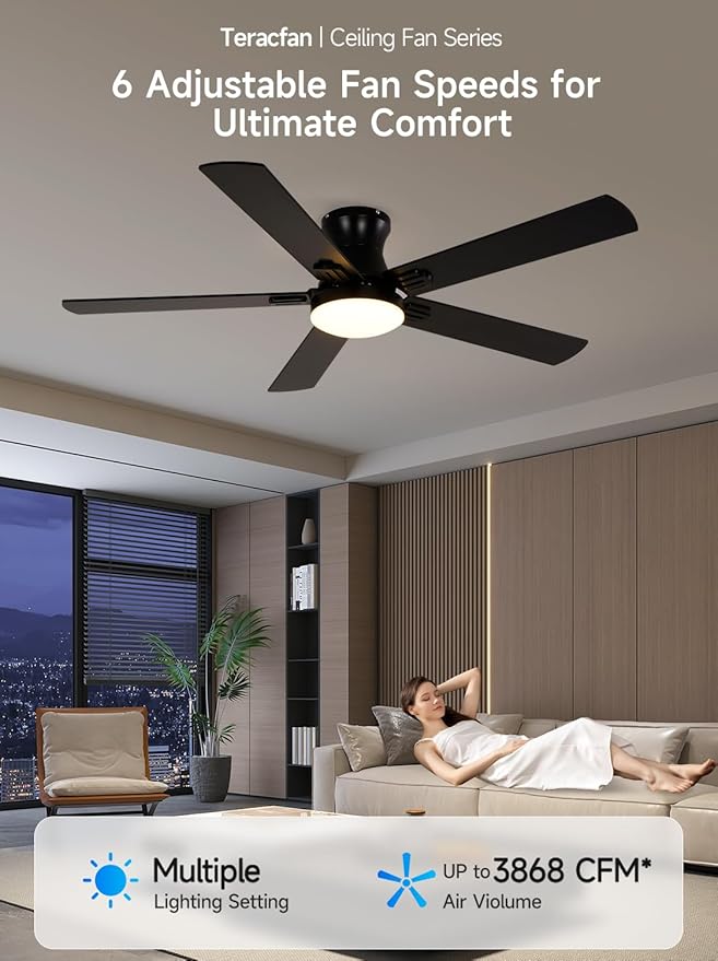 52 Inch Ceiling Fans with Lights, RGB Ceiling Fan with Remote and App,Flush Mount Low Profile, Dimmable 35W LED, Reversible, Smart Ceiling Fan for Bedroom Nursery Living Room Apartment,Black