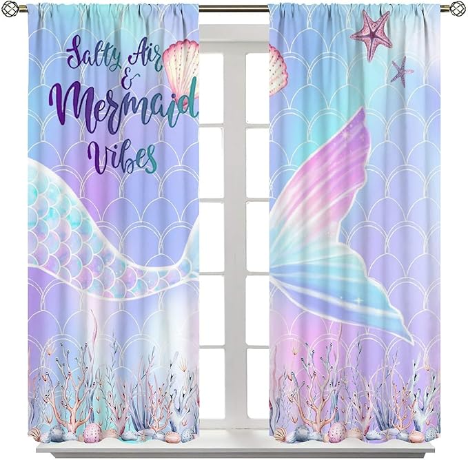 Fantasy Mermaid Curtain Colorful Rainbow Fish Tail Ocean Theme Beautiful Kids Window Treatment for Girls Bedroom Nursery Room Decor Rod Pocket Window Drapes 52x84in
