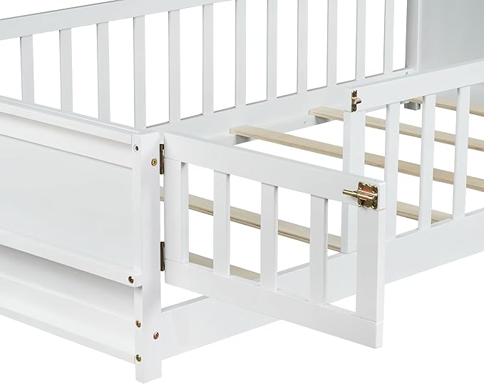 Twin Size Kids Montessori Floor Bed with Door,Twin Floor Bed Frame with Slats and Bookcase,Solid Wood Montessori Bed for Girls Boys,White