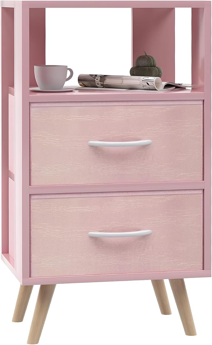 Night Stand, Pink Kids Nightstand with 2 Fabric Drawers, Nursery Side Table with Open Storage, 3-Tier Modern End Table, Bedside Table for Small Space, Living Room, Bedroom