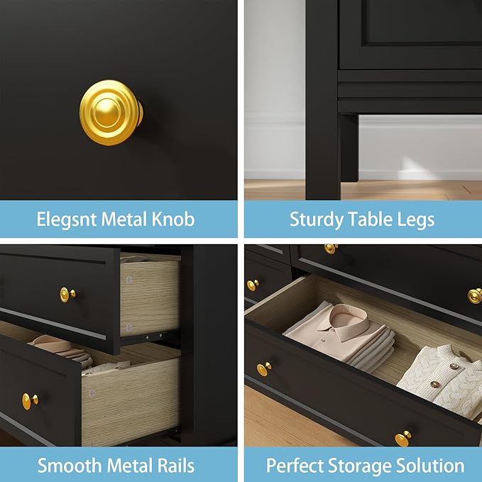 CARPETNAL Black Dresser for Bedroom, 6 Drawer Dresser with Wide Drawer and Metal Handles, 55" Black and Gold Wood Dressers & Chests of Drawers for Hallway, Entryway.