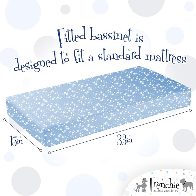 Frenchie Mini Couture Bassinet Sheets, 100% Cotton, Blue Stars, 15 x 33in, 2-Pack