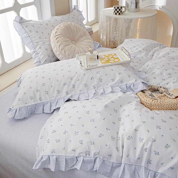 Blue Ruffle Duvet Cover Twin XL Soft White 100% Cotton Floral Duvet Cover Cute Blue Flower Comforter Cover Romantic Princess Lace Bedding Set Vintage Botanical Comforter Cover for Kids Girl Teen