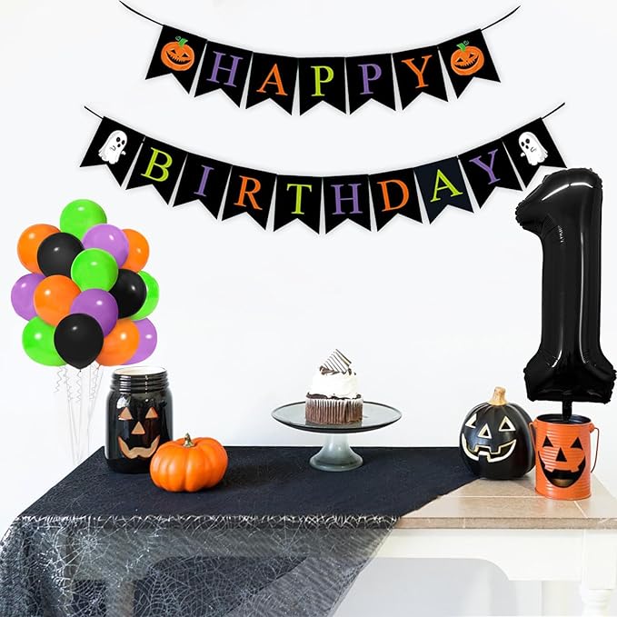 Halloween Decorations for Boys/Girls - Black, Orange, Purple, Green Balloons (40" & 1" Sizes) with Spooky Birthday Banner