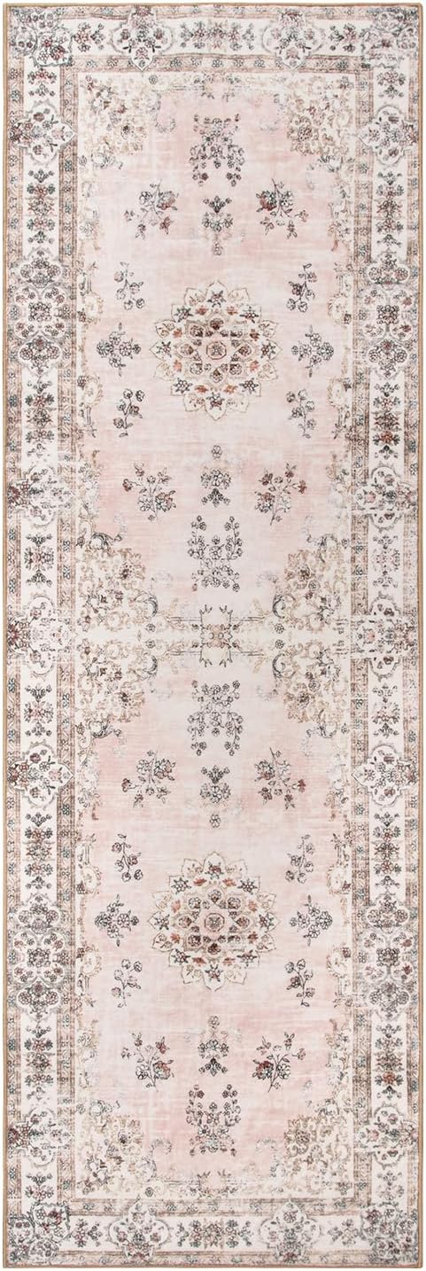 Lahome Washable 2x6 Kitchen Runner Rugs, Retro Distressed Pink Floral Print Runner for Hallway Bathroom Entryway, Low Pile Non-Slip Water Repellent Stain Resistant Mat for Floor Protection