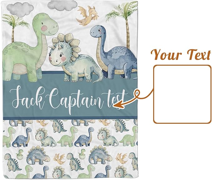 Personalized Baby Name Blanket for Boy Girl, Soft Flannel Blanket with Double Layer Dotted Backing for Newborn, Nursery Crib with Green Dinosaur Design, Baby Blanket Customized Gifts(60" x80)