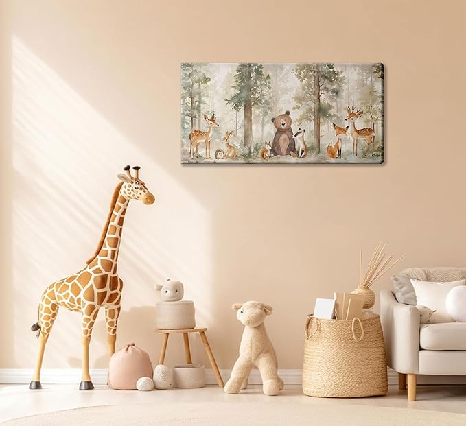 Woodland Animal Nursery Canvas Wall Art Wild Animals Forest Paintings Pictures Wall Decor Fox Bear Deer Watercolor Poster Print Artwork for Boys Room Girls Room Home Decoration (Framed)