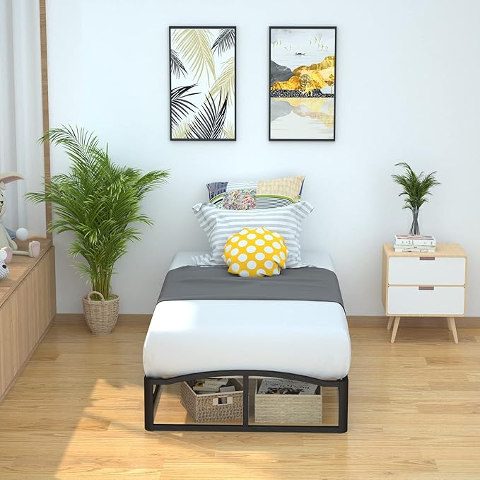 Amazon Basics Metal Platform Bed Frame, with Wood Slat Support, 10 inches High, Twin, Black