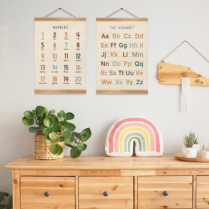 ZTGDA Alphabet Numbers Poster Set of 2, Alphabet Numbers Wall Art, ABC Banner Poster, Banner Wall Hanging Decor for Toddler Room Playroom Nursery Wall Classroom Decor 12x16inch (123&ABC-02)