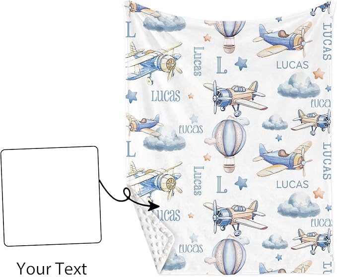 Personalized Crib Bedding Set for Boys Girls, Custom Baby Crib Sets with Name, Toy Airplane Design Nursery Bedding 2 Piece - Soft Blanket with Double Layer Dotted Backing, Crib Fitted Sheet