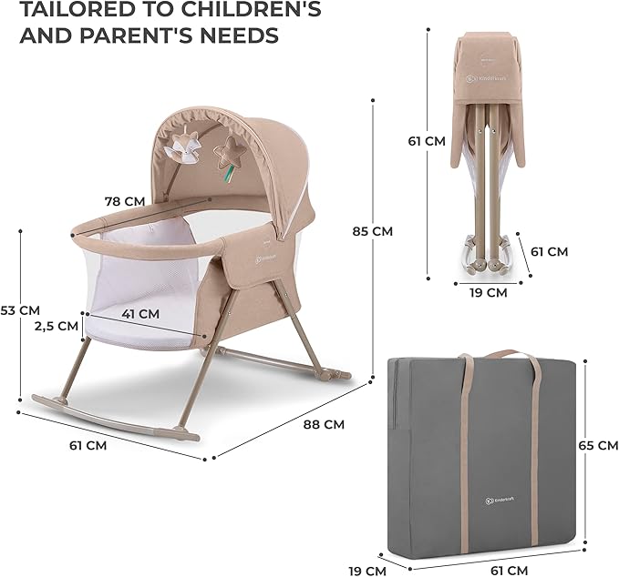 Kinderkraft LOVI Travel Bassinet for Baby, Portable Folding Baby Bed with Built-in Mosquito net, Adjustable Hood and an Additional Cradle Function, Beige