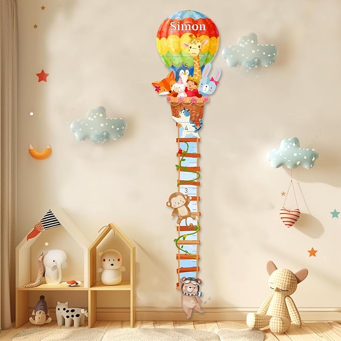 Personalized Name Wooden Growth Chart for Wall, Animal Balloon Wood Baby Height Growth Chart Wall Kids Room Nursery Wall Decor