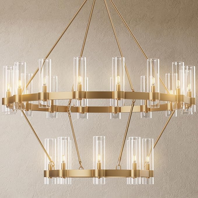 48" Gold Chandelier, 2 Tier Wagon Wheel Chandelier with Glass Shade, 24-Lights Large Round Modern Farmhouse High Ceilings Pendant Lighting Fixture for Dining Room, Living Room, Kitchen, Foyer