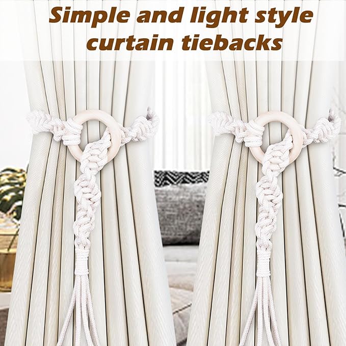 SRG Handmade Boho Curtain Tiebacks Hand Knitting Cotton Curtain Holdbacks with Adjustable Natural Wooden Rings Accessories Wall Decoration for Home Office