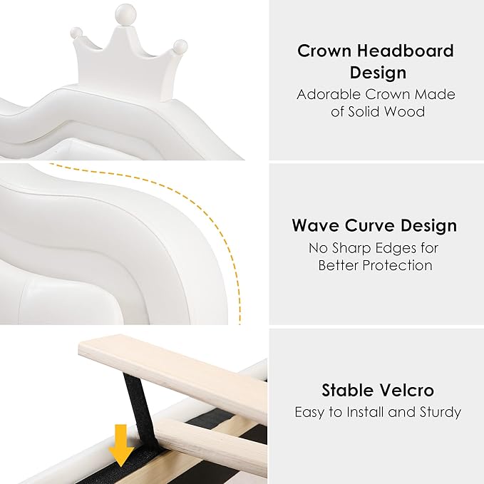 Keyluv Queen Upholstered LED Bed Frame with Storage Drawer, Leather Princess Platform Bed with Adjustable Crystal Button Tufted Crown Headboard, Solid Wooden Slats Support, No Box Spring Needed, White