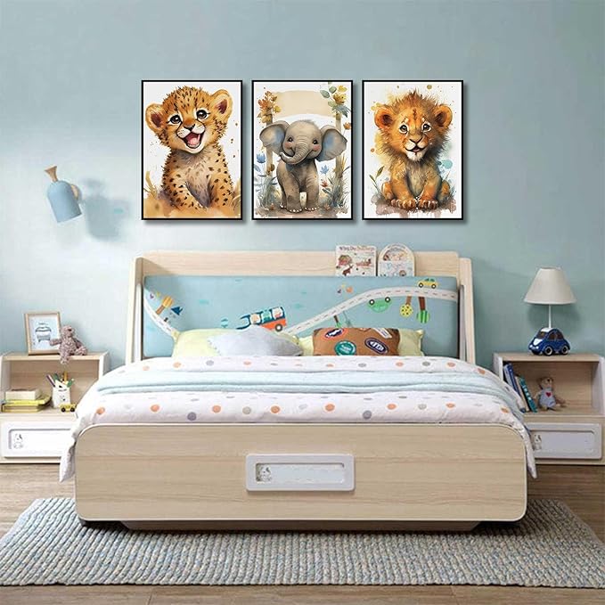 3Pcs Baby Safari Animal Wall Art Jungle Watercolor Animal Wall Decor Picture Painting Nursery Poster Prints Artwork for Boy Girl Room Home Decoration Unframed 12x16 In