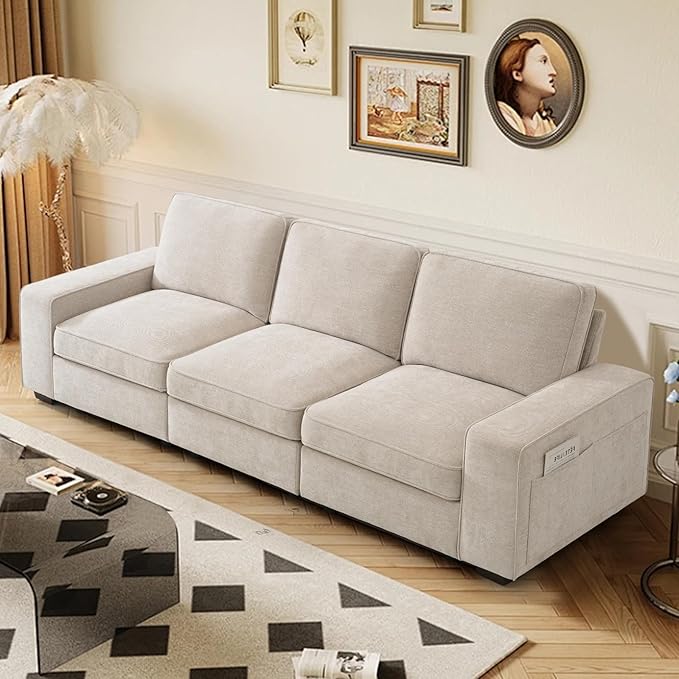 TEKAMON 100" Modular Sofa with Seats Storage, Comfy 3-Seater Chenille Fabric Couch for Living Room, Office, Apart W/Deep Seat, Wide Arms, Side Pockets, USB, Upholstered Couch W/Removable Cover
