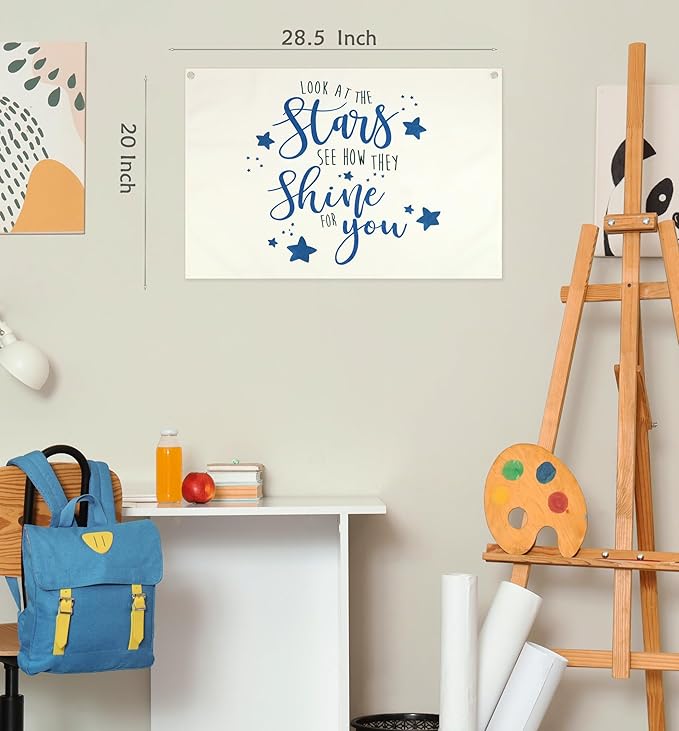 Boho Rectangular Banner Flag Wall Sign Decor Gift for Boy Girl Kids,Nursery Baby Room Above Crib Bedroom Playroom Living Room Wall Decor-Look At the Stars See-Baby Shower Birthday Christmas Gift